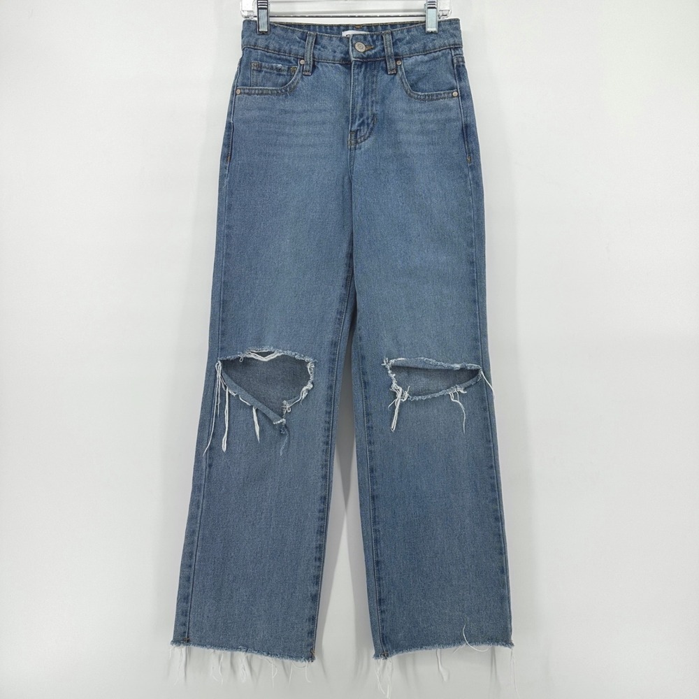 RSQ Girls Wide Leg Jeans Size 10 Medium Wash Distressed Ripped Knee Raw Hem